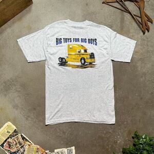 Vintage 90s Big Toys For Big Boys Trucker Tee Mens Large Grey Yellow Funny Shirt